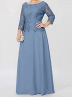 A-Line/Princess Round Neck 3/4 Length Sleeves Floor-Length Mother of the Bride Dresses with Applique & Sequins by Dreamylily