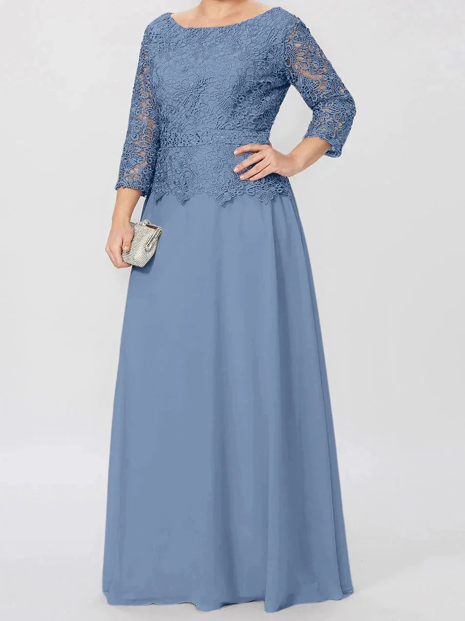 A-Line/Princess Round Neck 3/4 Length Sleeves Floor-Length Mother of the Bride Dresses with Applique & Sequins by Dreamylily