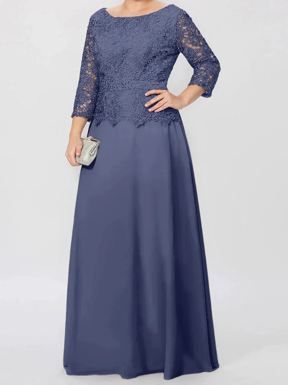 A-Line/Princess Round Neck 3/4 Length Sleeves Floor-Length Mother of the Bride Dresses with Applique & Sequins by Dreamylily