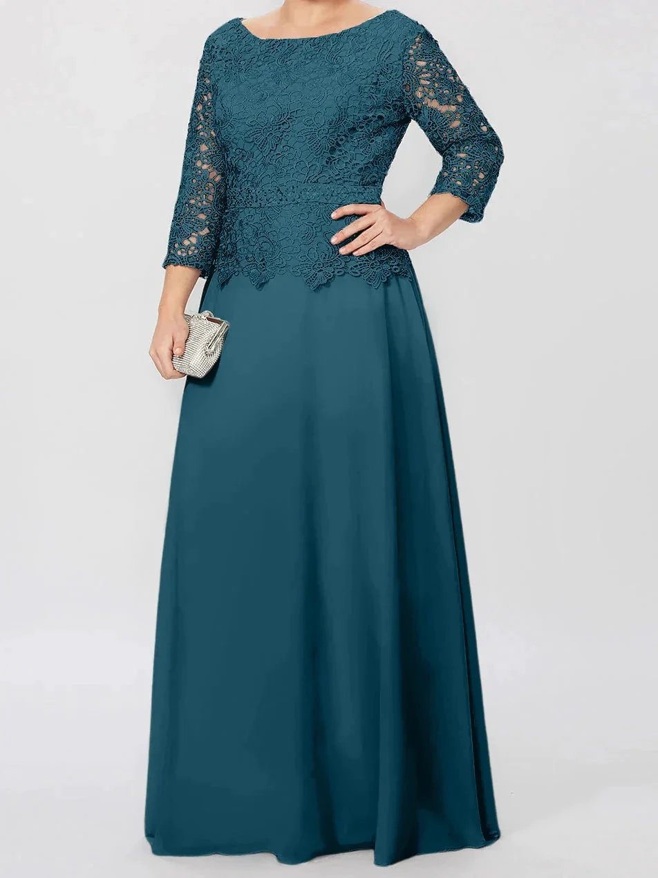 A-Line/Princess Round Neck 3/4 Length Sleeves Floor-Length Mother of the Bride Dresses with Applique & Sequins by Dreamylily