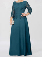 A-Line/Princess Round Neck 3/4 Length Sleeves Floor-Length Mother of the Bride Dresses with Applique & Sequins by Dreamylily
