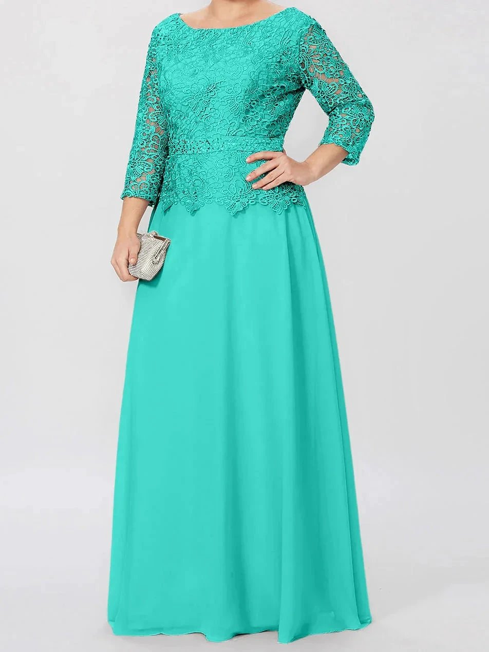A-Line/Princess Round Neck 3/4 Length Sleeves Floor-Length Mother of the Bride Dresses with Applique & Sequins by Dreamylily