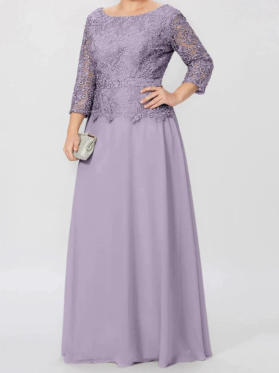A-Line/Princess Round Neck 3/4 Length Sleeves Floor-Length Mother of the Bride Dresses with Applique & Sequins by Dreamylily