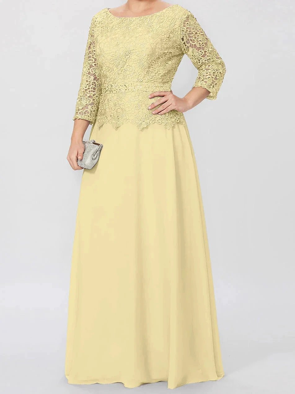 A-Line/Princess Round Neck 3/4 Length Sleeves Floor-Length Mother of the Bride Dresses with Applique & Sequins by Dreamylily