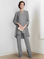 Chiffon Long Sleeves Mother Of The Bride Pantsuits With Jacket
