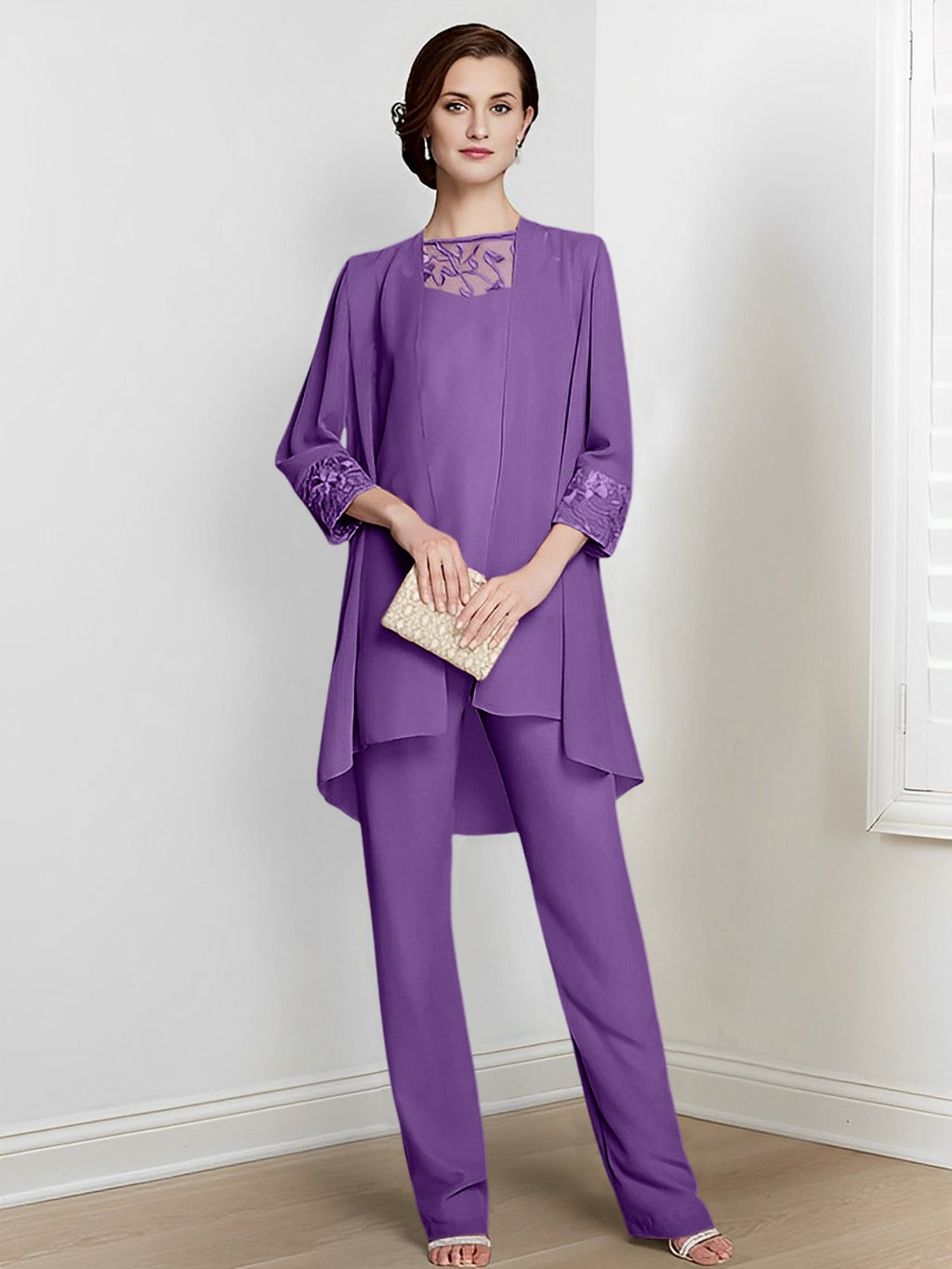 Chiffon Long Sleeves Mother Of The Bride Pantsuits With Jacket