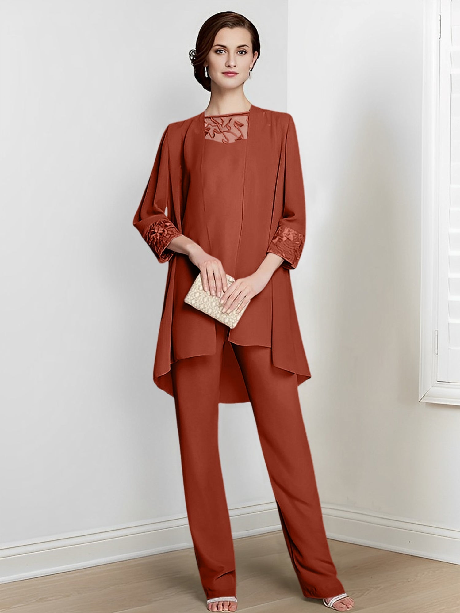 Chiffon Long Sleeves Mother Of The Bride Pantsuits With Jacket
