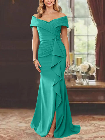 Vestidos para madre de la novia con corte tubo, hombros descubiertos, sin mangas, largo hasta el suelo y volantes 