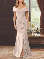 Sheath/Column Off-the-Shoulder Sleeveless Floor-Length Mother of the Bride Dresses With Ruffles by Dreamylily