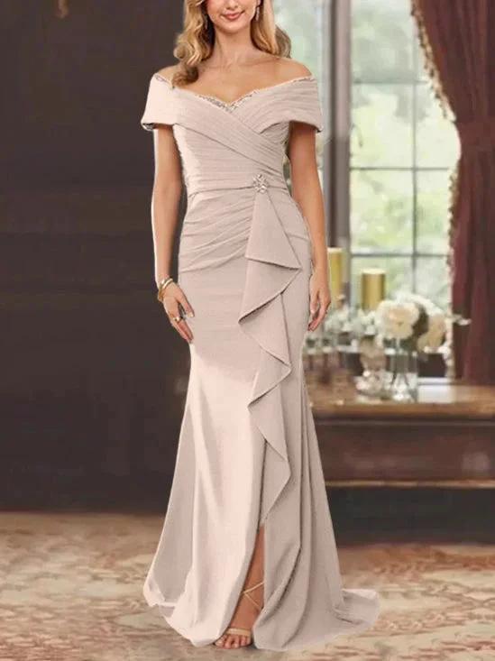 Sheath/Column Off-the-Shoulder Sleeveless Floor-Length Mother of the Bride Dresses With Ruffles by Dreamylily