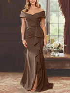 Sheath/Column Off-the-Shoulder Sleeveless Floor-Length Mother of the Bride Dresses With Ruffles by Dreamylily