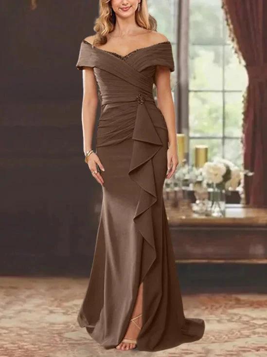 Sheath/Column Off-the-Shoulder Sleeveless Floor-Length Mother of the Bride Dresses With Ruffles by Dreamylily