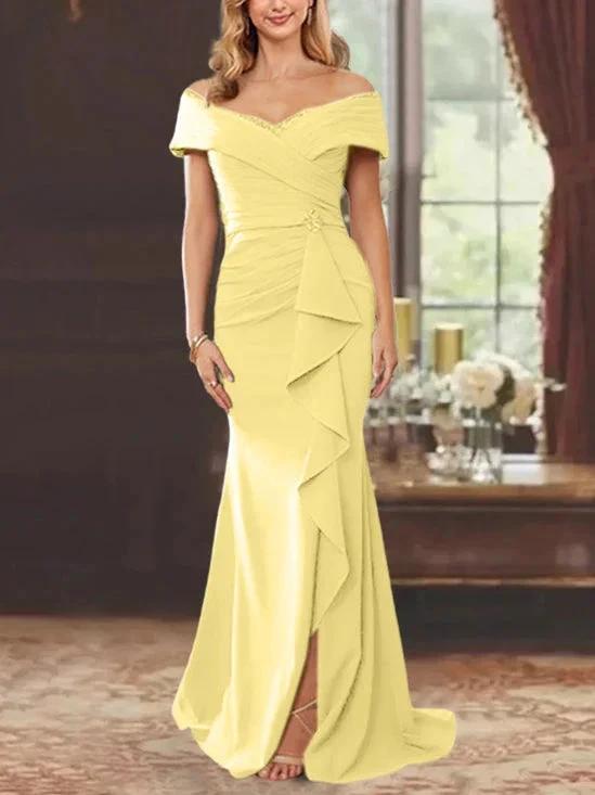 Sheath/Column Off-the-Shoulder Sleeveless Floor-Length Mother of the Bride Dresses With Ruffles by Dreamylily
