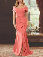 Sheath/Column Off-the-Shoulder Sleeveless Floor-Length Mother of the Bride Dresses With Ruffles by Dreamylily