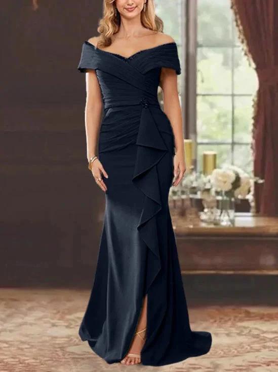 Sheath/Column Off-the-Shoulder Sleeveless Floor-Length Mother of the Bride Dresses With Ruffles by Dreamylily