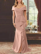 Sheath/Column Off-the-Shoulder Sleeveless Floor-Length Mother of the Bride Dresses With Ruffles by Dreamylily