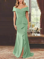 Sheath/Column Off-the-Shoulder Sleeveless Floor-Length Mother of the Bride Dresses With Ruffles by Dreamylily