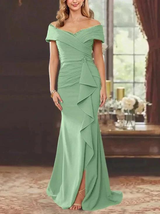 Sheath/Column Off-the-Shoulder Sleeveless Floor-Length Mother of the Bride Dresses With Ruffles by Dreamylily