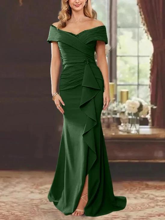 Sheath/Column Off-the-Shoulder Sleeveless Floor-Length Mother of the Bride Dresses With Ruffles by Dreamylily