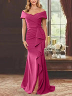 Sheath/Column Off-the-Shoulder Sleeveless Floor-Length Mother of the Bride Dresses With Ruffles by Dreamylily