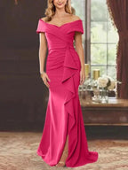 Sheath/Column Off-the-Shoulder Sleeveless Floor-Length Mother of the Bride Dresses With Ruffles by Dreamylily