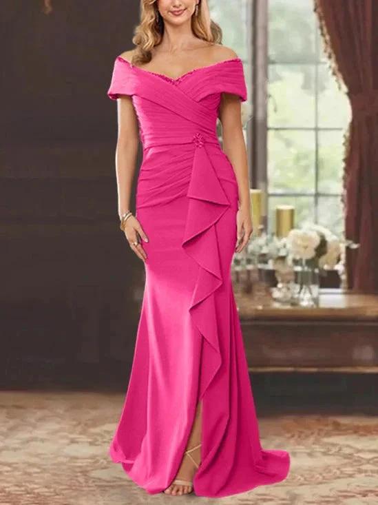 Sheath/Column Off-the-Shoulder Sleeveless Floor-Length Mother of the Bride Dresses With Ruffles by Dreamylily