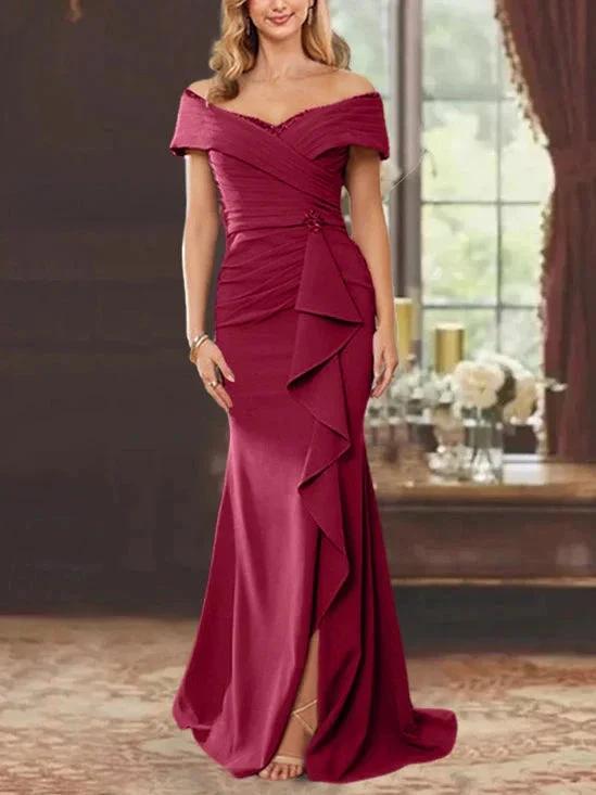Sheath/Column Off-the-Shoulder Sleeveless Floor-Length Mother of the Bride Dresses With Ruffles by Dreamylily