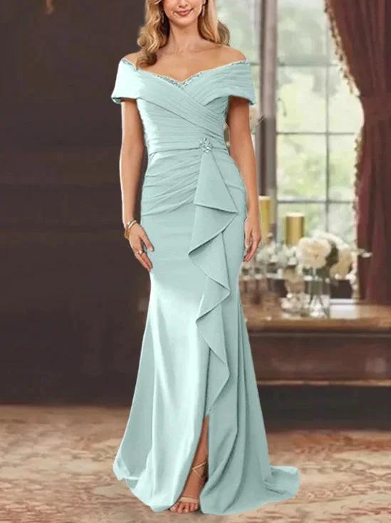 Sheath/Column Off-the-Shoulder Sleeveless Floor-Length Mother of the Bride Dresses With Ruffles by Dreamylily