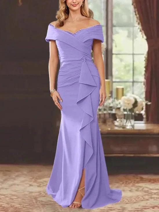 Sheath/Column Off-the-Shoulder Sleeveless Floor-Length Mother of the Bride Dresses With Ruffles by Dreamylily