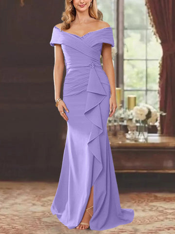 Vestidos para madre de la novia con corte tubo, hombros descubiertos, sin mangas, largo hasta el suelo y volantes 