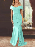 Sheath/Column Off-the-Shoulder Sleeveless Floor-Length Mother of the Bride Dresses With Ruffles by Dreamylily