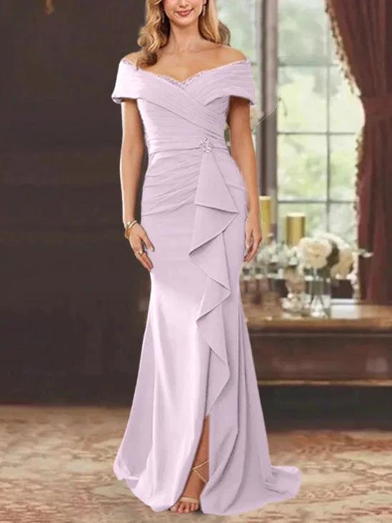 Sheath/Column Off-the-Shoulder Sleeveless Floor-Length Mother of the Bride Dresses With Ruffles by Dreamylily