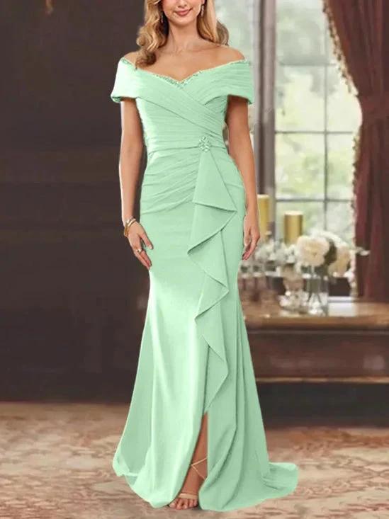 Sheath/Column Off-the-Shoulder Sleeveless Floor-Length Mother of the Bride Dresses With Ruffles by Dreamylily