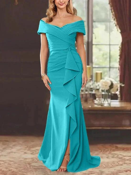 Sheath/Column Off-the-Shoulder Sleeveless Floor-Length Mother of the Bride Dresses With Ruffles by Dreamylily