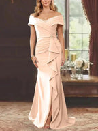 Sheath/Column Off-the-Shoulder Sleeveless Floor-Length Mother of the Bride Dresses With Ruffles by Dreamylily