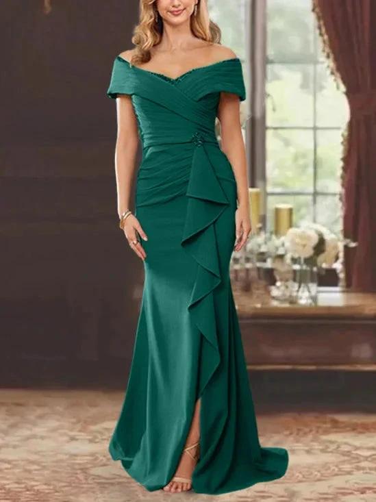 Sheath/Column Off-the-Shoulder Sleeveless Floor-Length Mother of the Bride Dresses With Ruffles by Dreamylily