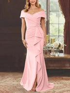 Sheath/Column Off-the-Shoulder Sleeveless Floor-Length Mother of the Bride Dresses With Ruffles by Dreamylily