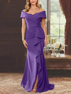 Sheath/Column Off-the-Shoulder Sleeveless Floor-Length Mother of the Bride Dresses With Ruffles by Dreamylily