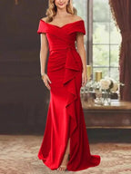 Sheath/Column Off-the-Shoulder Sleeveless Floor-Length Mother of the Bride Dresses With Ruffles by Dreamylily