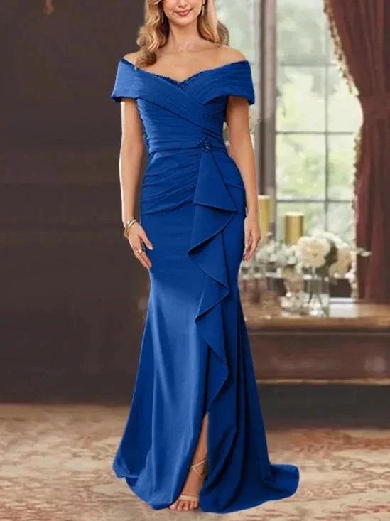 Sheath/Column Off-the-Shoulder Sleeveless Floor-Length Mother of the Bride Dresses With Ruffles by Dreamylily