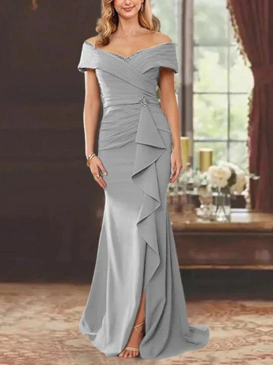 Sheath/Column Off-the-Shoulder Sleeveless Floor-Length Mother of the Bride Dresses With Ruffles by Dreamylily