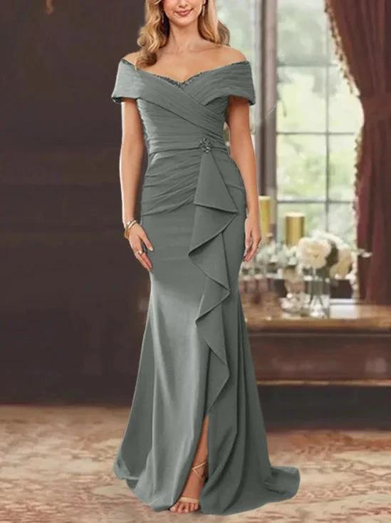 Sheath/Column Off-the-Shoulder Sleeveless Floor-Length Mother of the Bride Dresses With Ruffles by Dreamylily