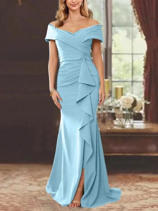 Sheath/Column Off-the-Shoulder Sleeveless Floor-Length Mother of the Bride Dresses With Ruffles by Dreamylily