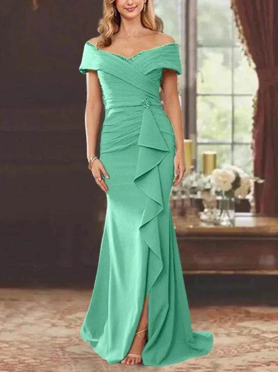 Sheath/Column Off-the-Shoulder Sleeveless Floor-Length Mother of the Bride Dresses With Ruffles by Dreamylily