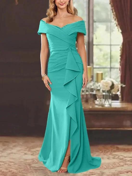 Sheath/Column Off-the-Shoulder Sleeveless Floor-Length Mother of the Bride Dresses With Ruffles by Dreamylily