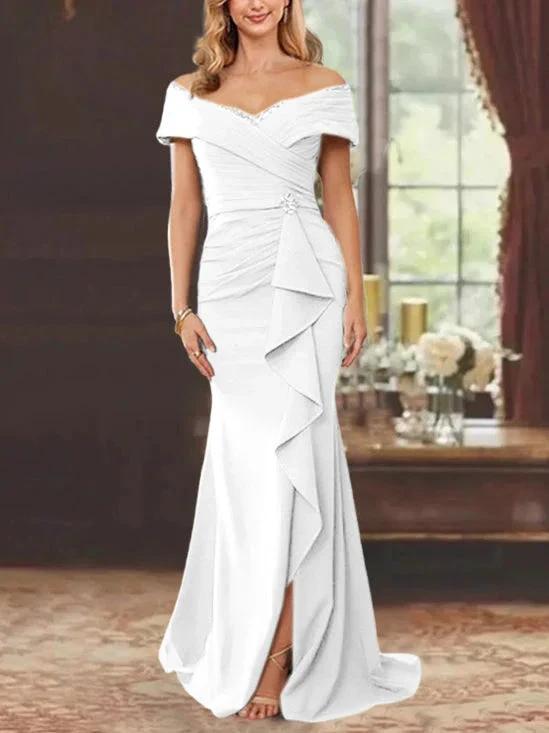 Sheath/Column Off-the-Shoulder Sleeveless Floor-Length Mother of the Bride Dresses With Ruffles by Dreamylily
