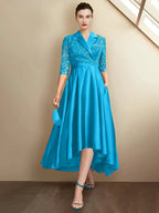 Sheath/Column V-Neck Tea-Length Mother of the Bride Dresses by Dreamylily