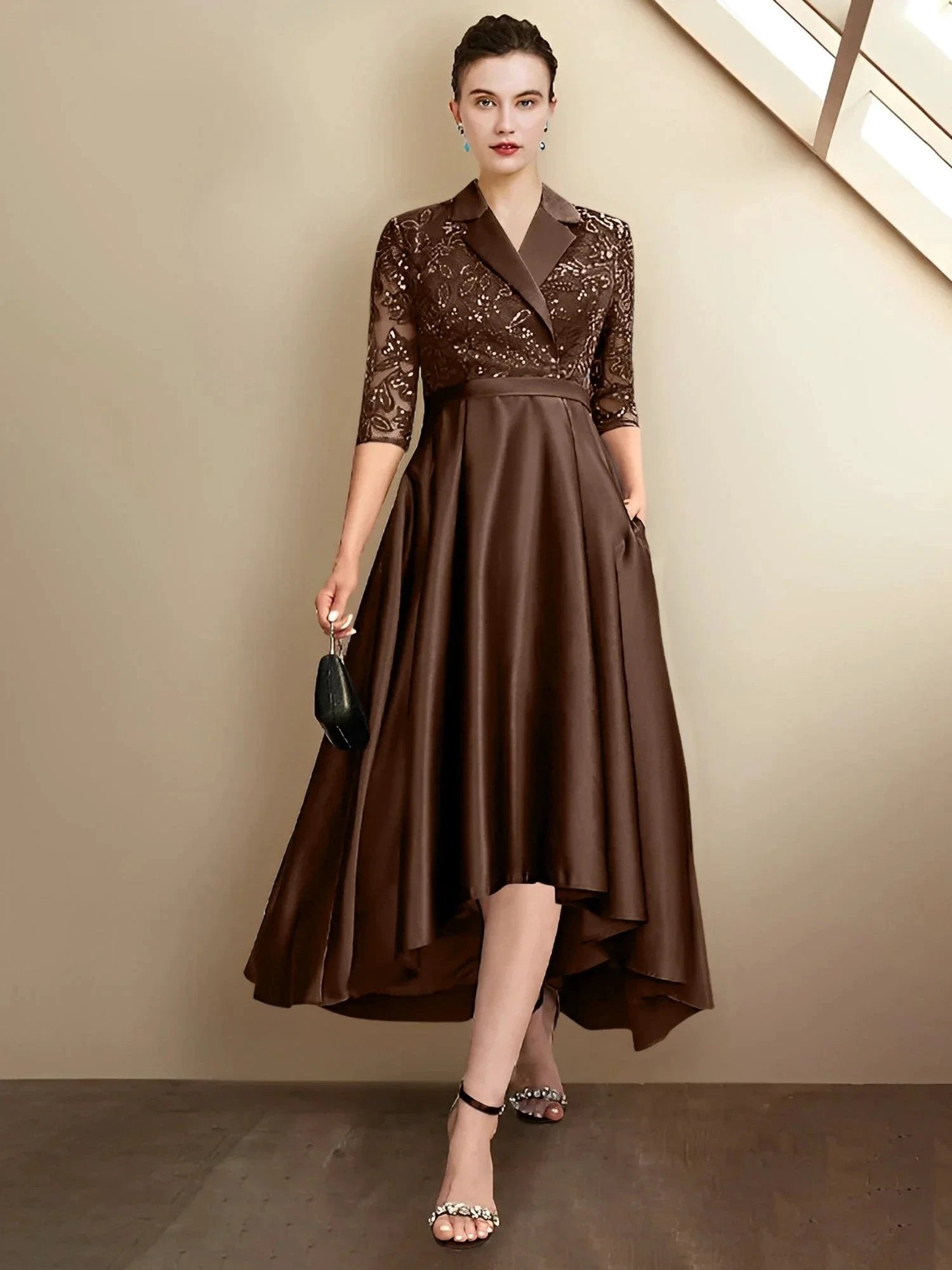 Sheath/Column V-Neck Tea-Length Mother of the Bride Dresses by Dreamylily