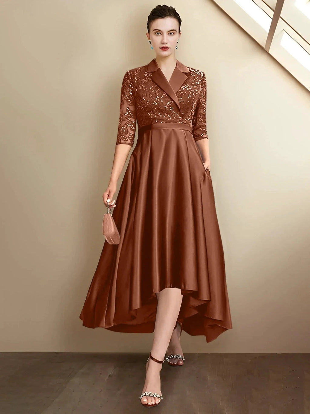 Sheath/Column V-Neck Tea-Length Mother of the Bride Dresses by Dreamylily