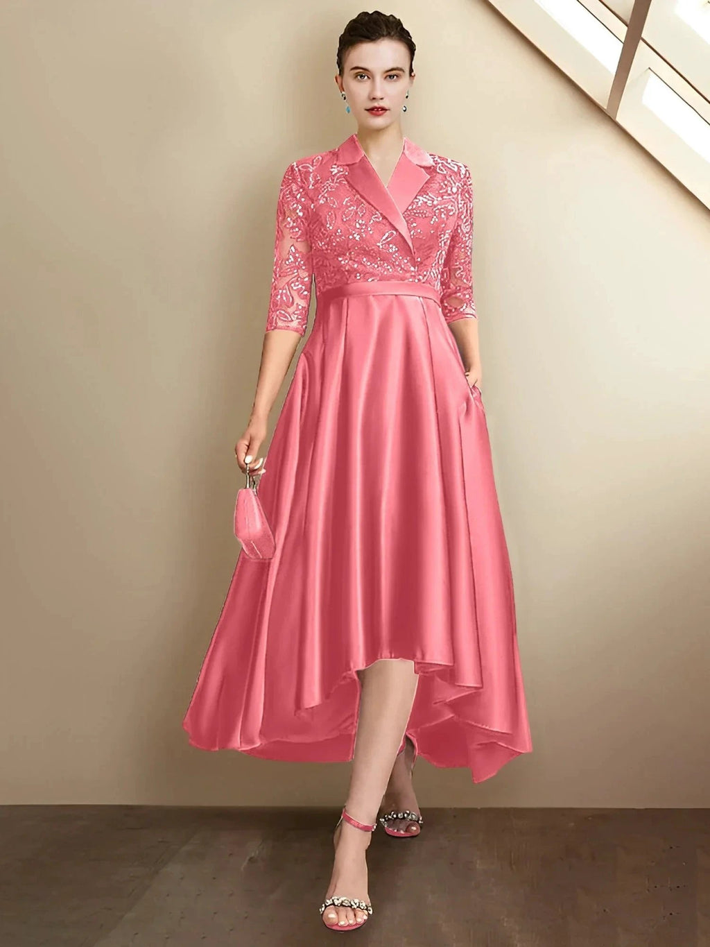 Sheath/Column V-Neck Tea-Length Mother of the Bride Dresses by Dreamylily